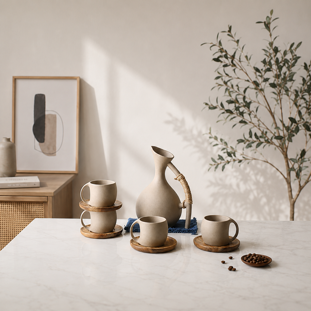 Carafe d'eau en Céramique Mate – Anse en Corde de Jute