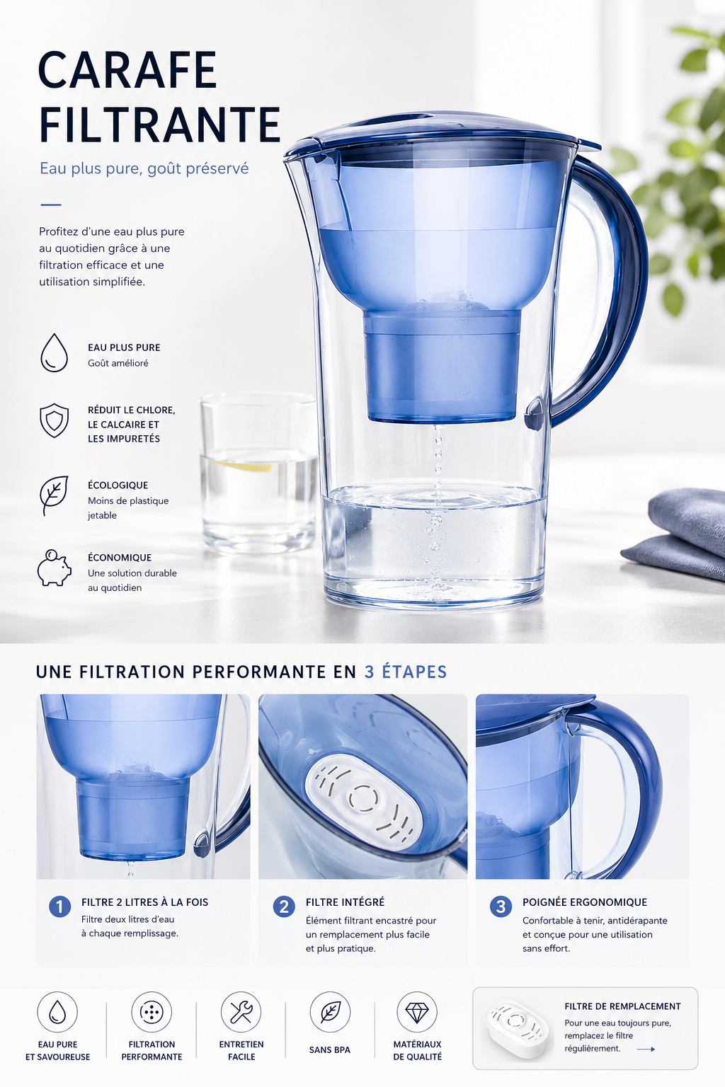 Carafe Filtrante 2,5L à Cartouche 4 Couches