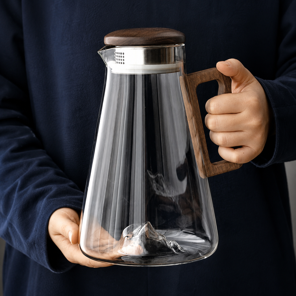 Carafe d’Eau en Verre Borosilicate 2L – Anse Bois et Filtre Inox