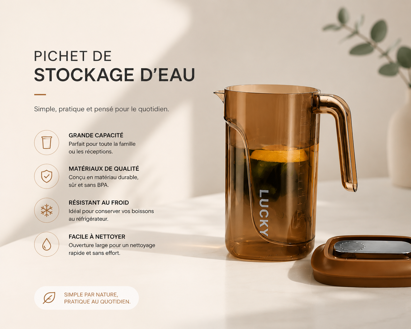 Pichet Carafe d’Eau Transparent 2,2L – Ambre ou Blanc