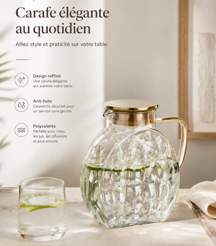 Carafe d'eau en verre 2,5L avec anse et couvercle — Pichet réfrigérateur