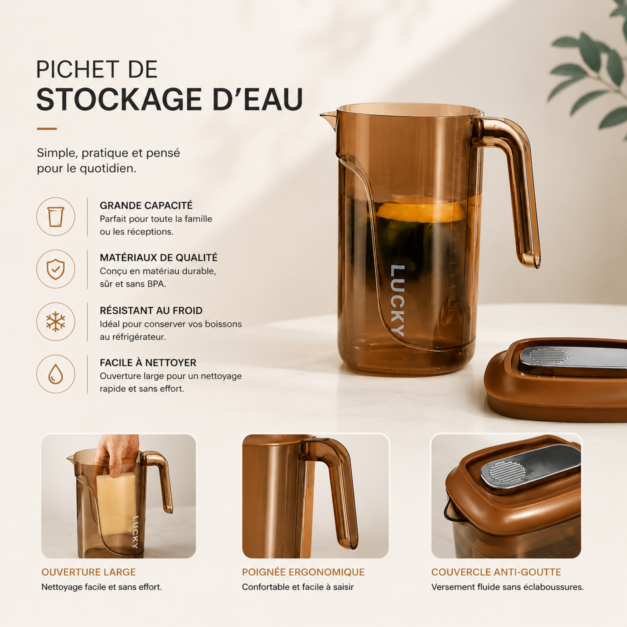 Pichet Carafe d’Eau Transparent 2,2L – Ambre ou Blanc